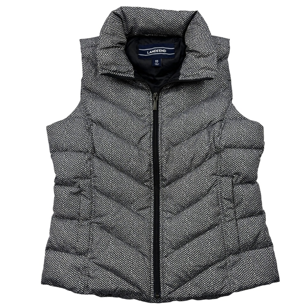 Lands End Down Puffer Vest Womens XS Black White Herringbone Chevron Quilted Zip